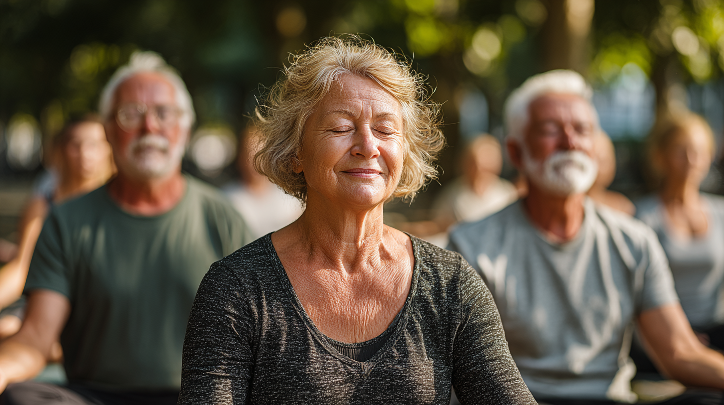 Група людей зрілого віку виконує йогу на природі