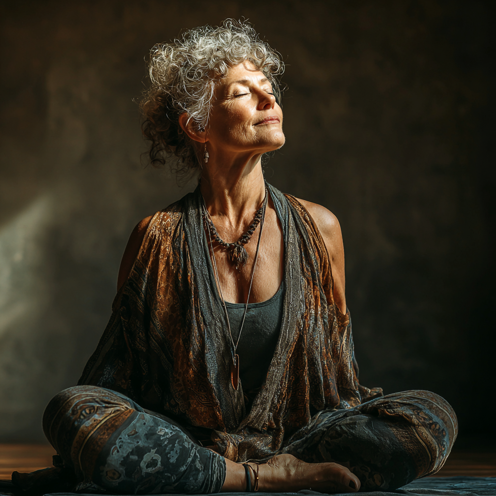 Старша жінка медитує в позі лотоса